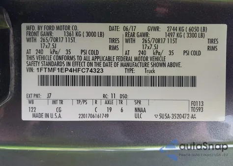 2017 Ford F150 из США, поврежденный, VIN 1FTMF1EP4HFC74323